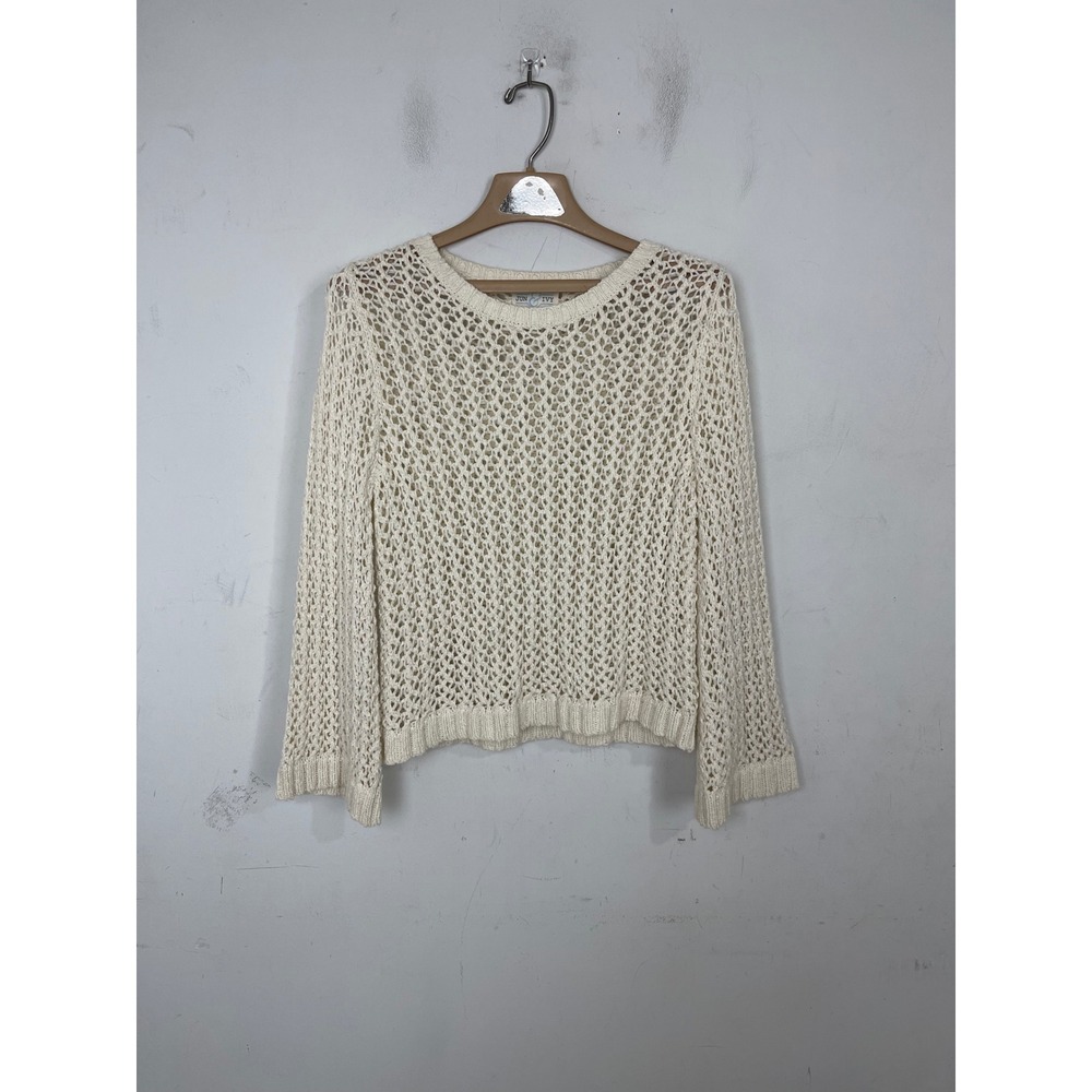 Jun & Ivy Cream White Open Knit Crochet Sweater Womens Small OG-K1039 Boho